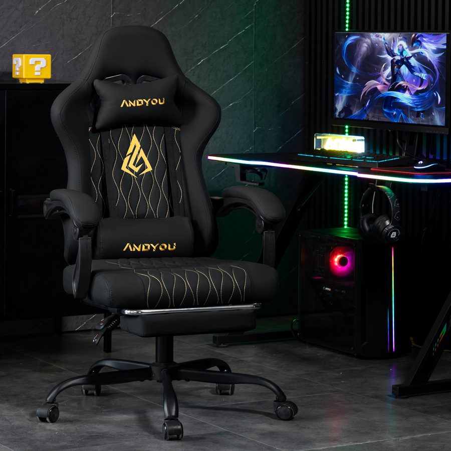 ANDYOU Series Gaming Chair with Footrest – Ergonomic PU Leather Computer Chair, Black