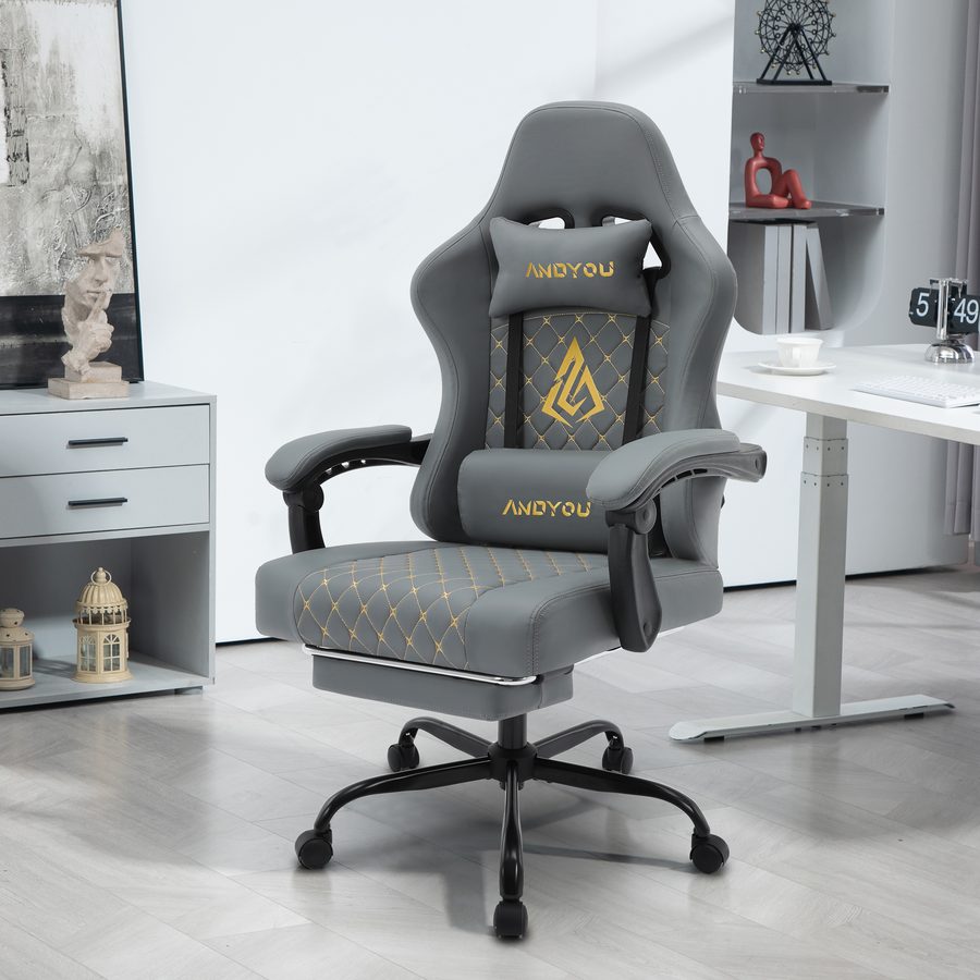 ANDYOU Ergonomic PU Leather Racing Style Gaming Chair - Comfortable and Adjustable, Grey