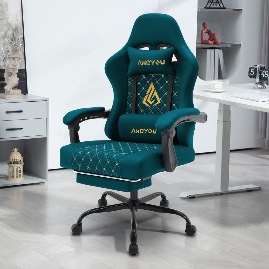 ANDYOU Ergonomic PU Leather Racing Style Gaming Chair - Comfortable and Adjustable, NAVY