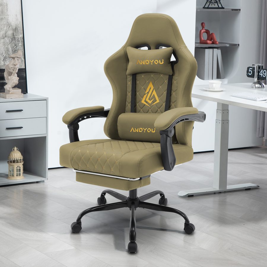 ANDYOU Ergonomic PU Leather Racing Style Gaming Chair - Comfortable and Adjustable, GREEN