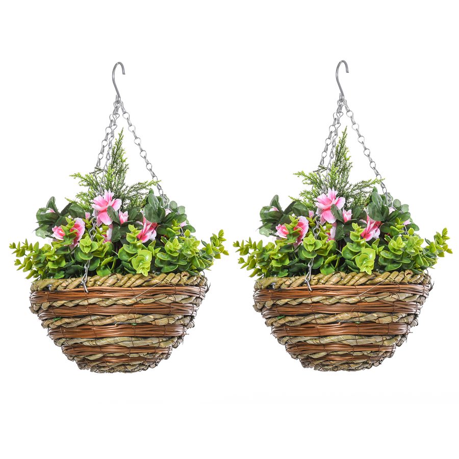 Outsunny Set 2 Künstliche Lisianthus-Pflanzen mit Korb und Haken, Kunststoffpflanzen aus PE und Weide, Ø25x34 cm, Grün und Rosa   Aosom von Outsunny