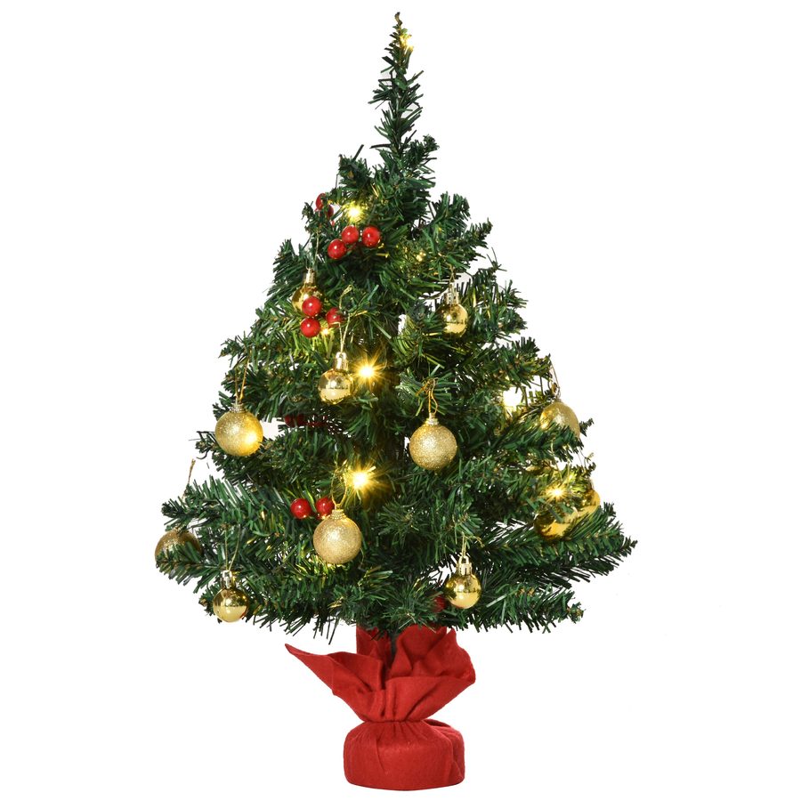 HOMCOM Weihnachtsbaum klein, Mini Christbaum mit Stechpalmenbeeren, Kugeln & LED-Lichtern, Tischdeko grün PVC ∅40 x 60 cm   Aosom.de von HOMCOM