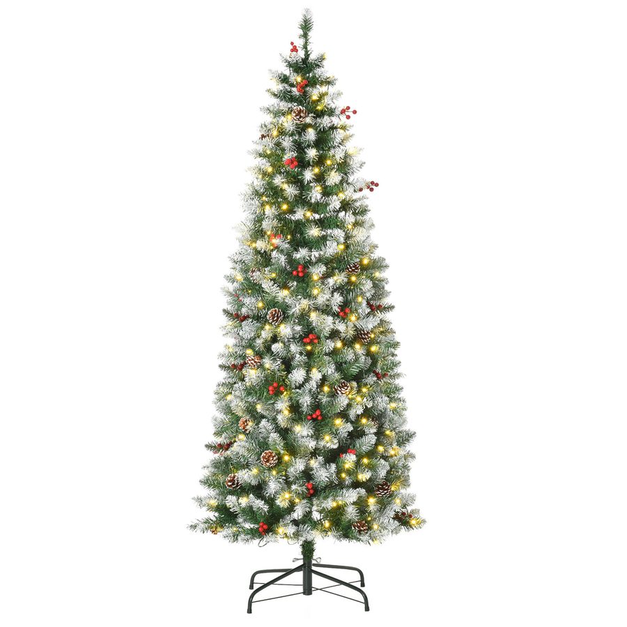 HOMCOM Weihnachtsbaum 1,8 m Christbaum mit 34 roten Beeren & Tannenzapfen, LED-Lichter Kunsttanne 618 Zweige PVC Stahl Grün-Weiß Ø65 x 180 cm   Aosom.de von HOMCOM