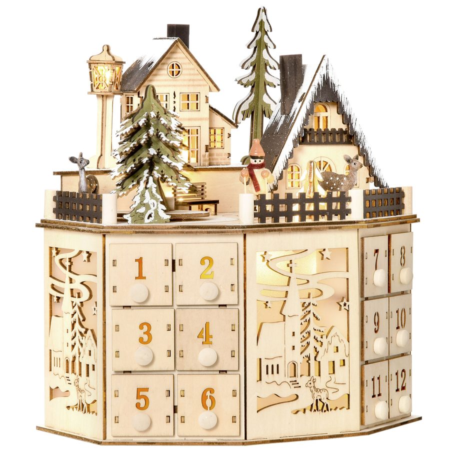 HOMCOM Weihnachts-Adventskalender mit 24 Zugkästen, LED-Lichter, Adventskalenderbox aus Sperrholz, 25 x 20 x 29 cm für festliche Dekoration   Aosom.de von HOMCOM