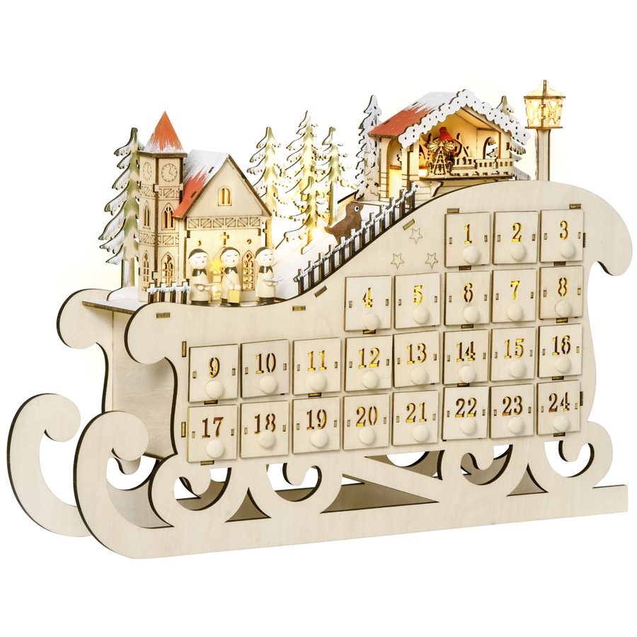 HOMCOM Adventskalender zum Befüllen 24 Schubladen mit LED-Lichtern Schlitten-Form Weihnachtskalender DIY 45 x 10 x 31 cm für festliche Dekoration   Aosom.de