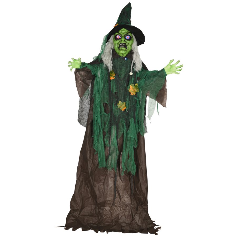 HOMCOM Halloween-Hexe 183cm Halloween Dekoration mit LED-Leuchte, Soundfunktion, Garten Deko, Dekofigur mit Verstellbaren Arme, Beweglichen Kopf, für Indoor, Outdoor   Aosom von HOMCOM