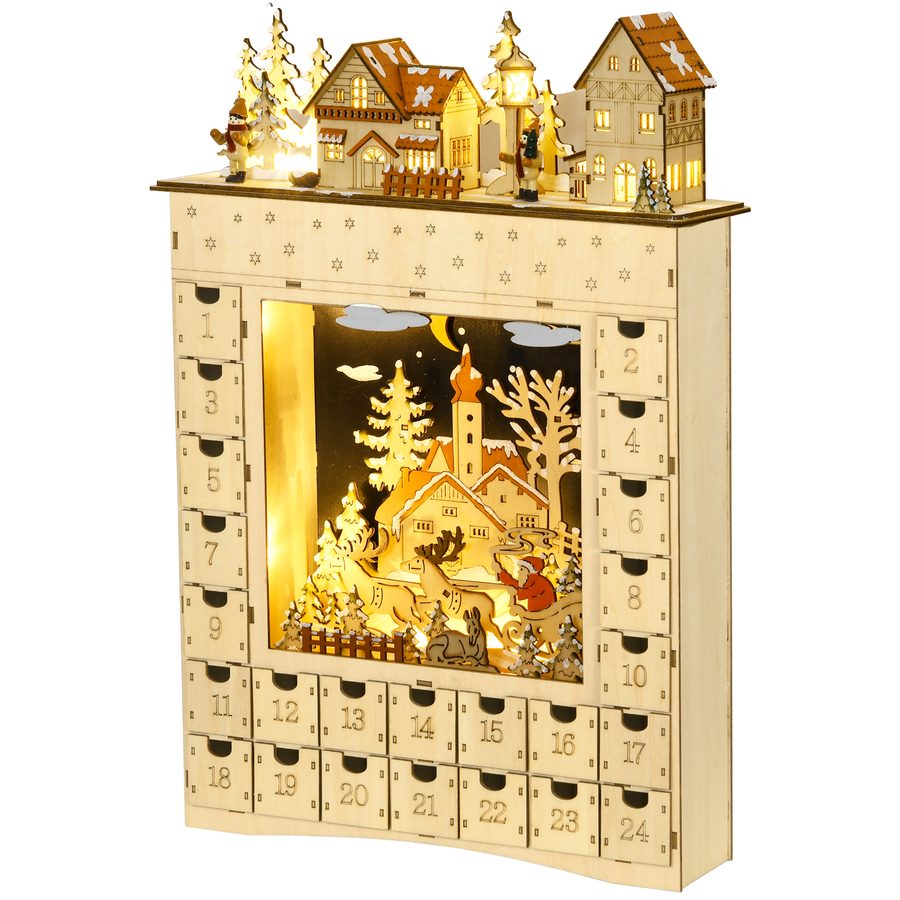 HOMCOM Adventskalender zum Befüllen 24 Schubladen Fächer Weihnachtskalender mit LED-Lichtern Adventskalenderbox Weihnachtsdekoration DIY Naturholz 36 x 9 x 52 cm   Aosom von HOMCOM