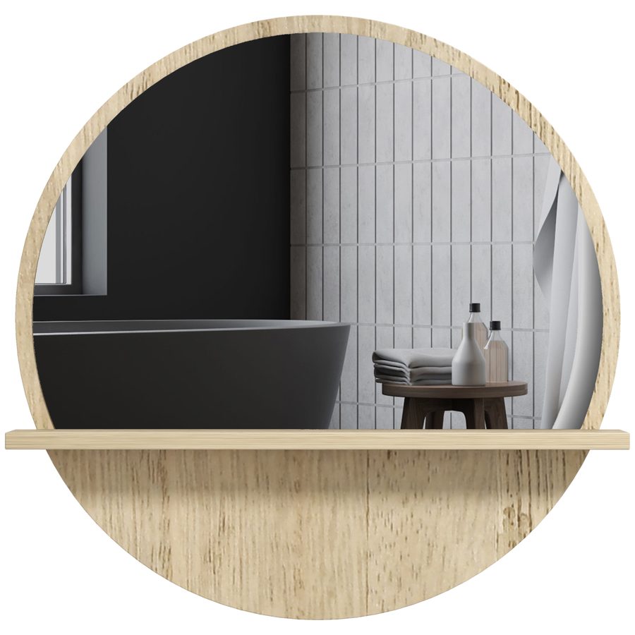 kleankin Runder Wand-Badezimmerspiegel mit Regal - Ø 45 x 10H cm - naturholzfarben   Aosom von Kleankin