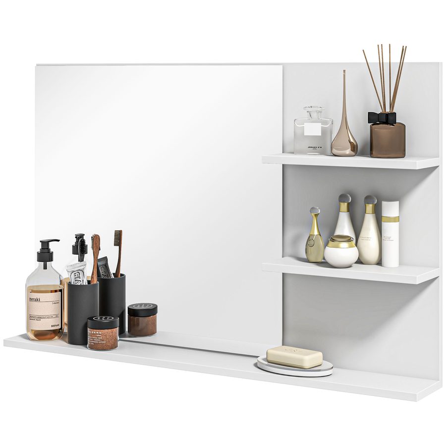 kleankin Badezimmerspiegel mit 2 seitlichen Regalen und unterem Regal, moderner Wandspiegel aus MDF und Glas, 75x10x48 cm, Weiß   Aosom von Kleankin