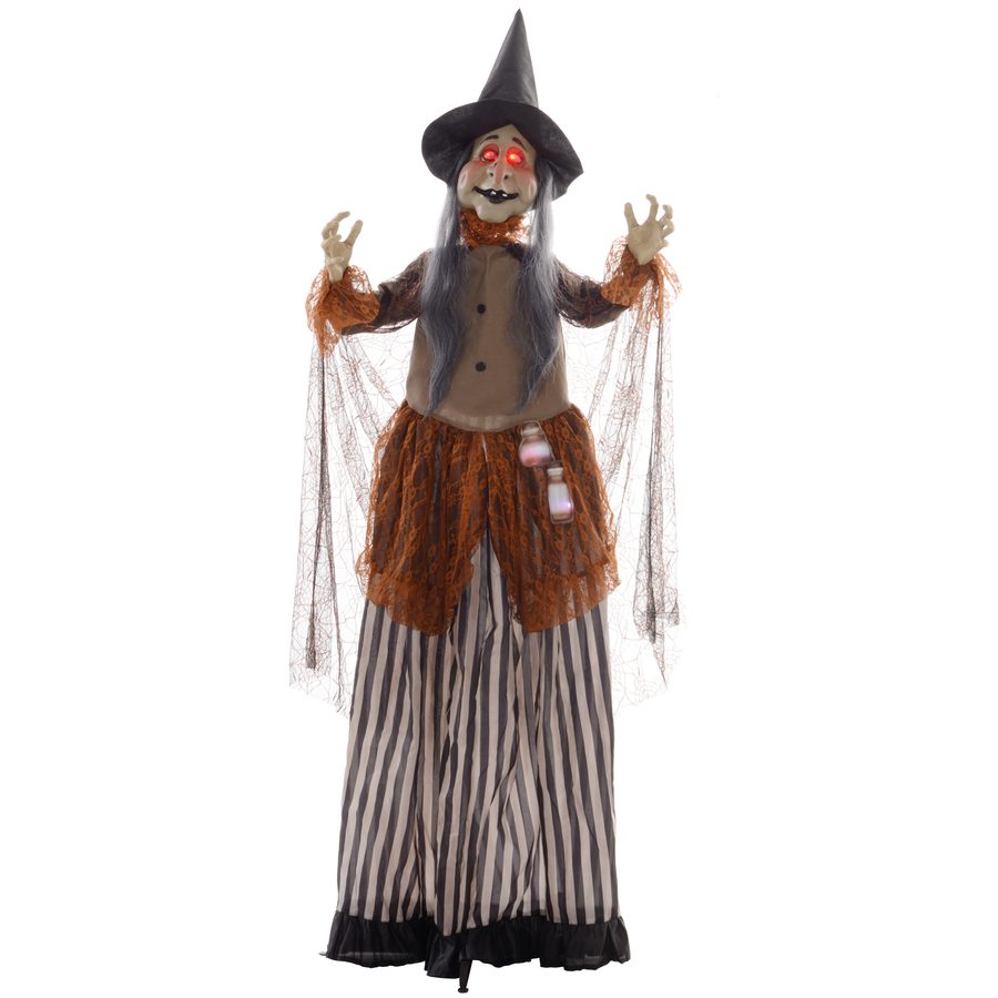 HOMCOM 183cm Halloween Dekoration Halloween-Hexe mit LED-Lichter, Soundfunktion, Haustür Deko mit verstellbare Arme, Garten Dekofigur in Lebensgröße für Party   Aosom von HOMCOM