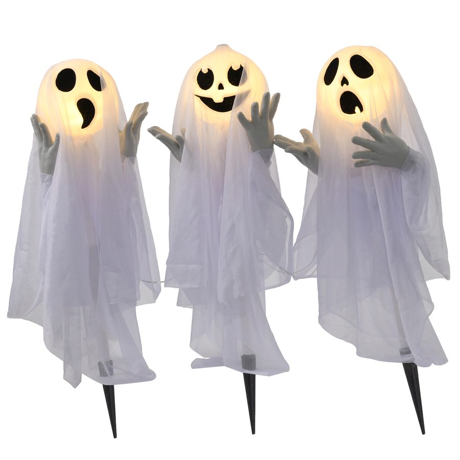 HOMCOM 60cm 3er-Set Halloween Dekoration Halloween-Geister-Hofpfählen mit LED-Lichter verstellbare Arme Halloween-Außendekoration für Rasen, Garten Stahl, Weiß   Aosom von HOMCOM