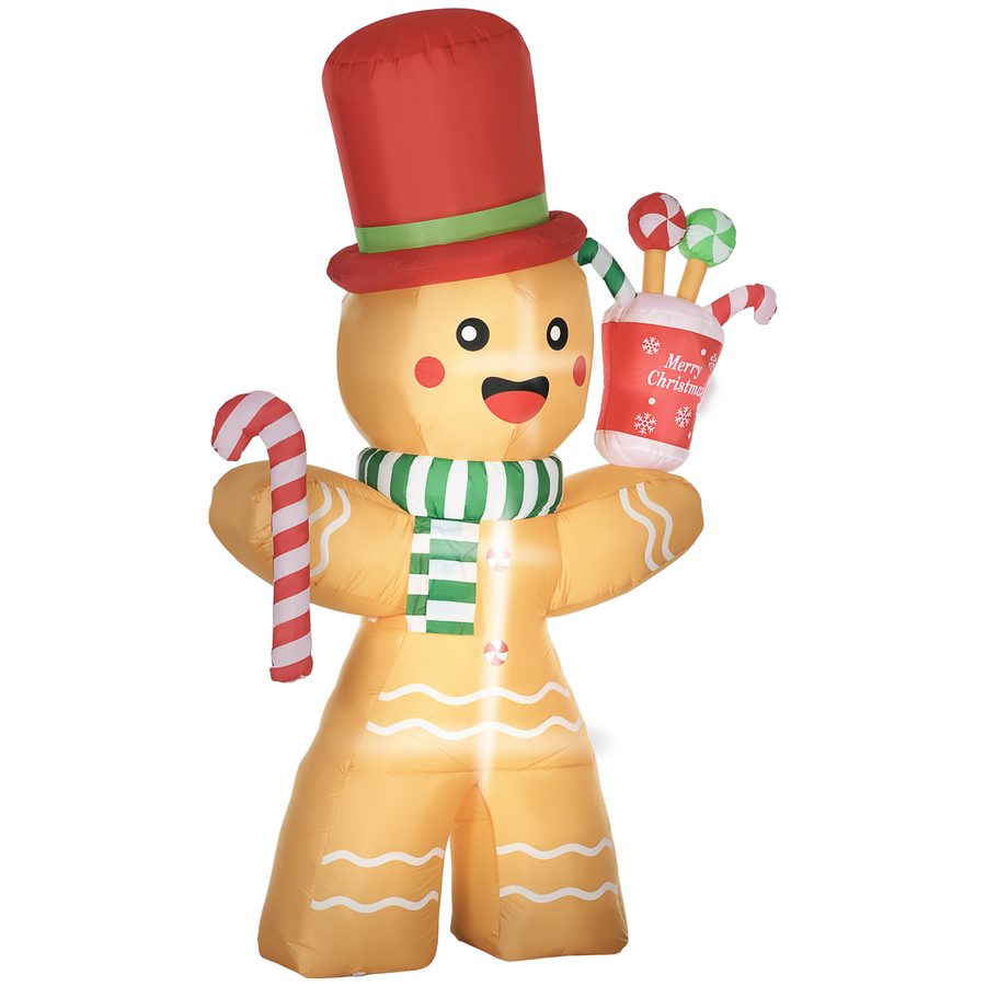 HOMCOM Weihnachts Aufblasbarer Lebkuchenmann 2,35 m Weihnachtsdekoration mit LED-Lichtern und Zuckerstange Weihnachten Gärten Dekoration automatisches Aufblasen Wassderdicht Polyester Orange   Aosom von HOMCOM