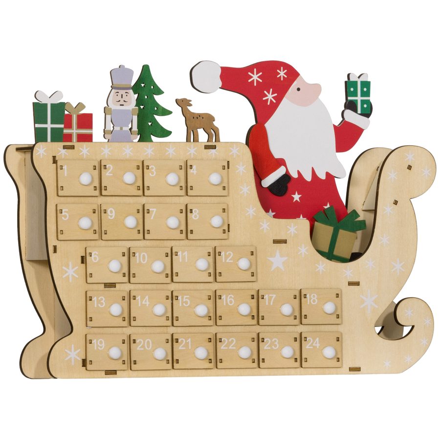 HOMCOM Adventskalender aus Holz mit 24 Schubladen, wiederverwendbarer befüllbarer Adventskalender, dekoriert mit dem Weihnachtsmann in seinem Schlitten, Weihnachtsdekoration, 22,5x8x36 cm, Natur   Aosom von HOMCOM