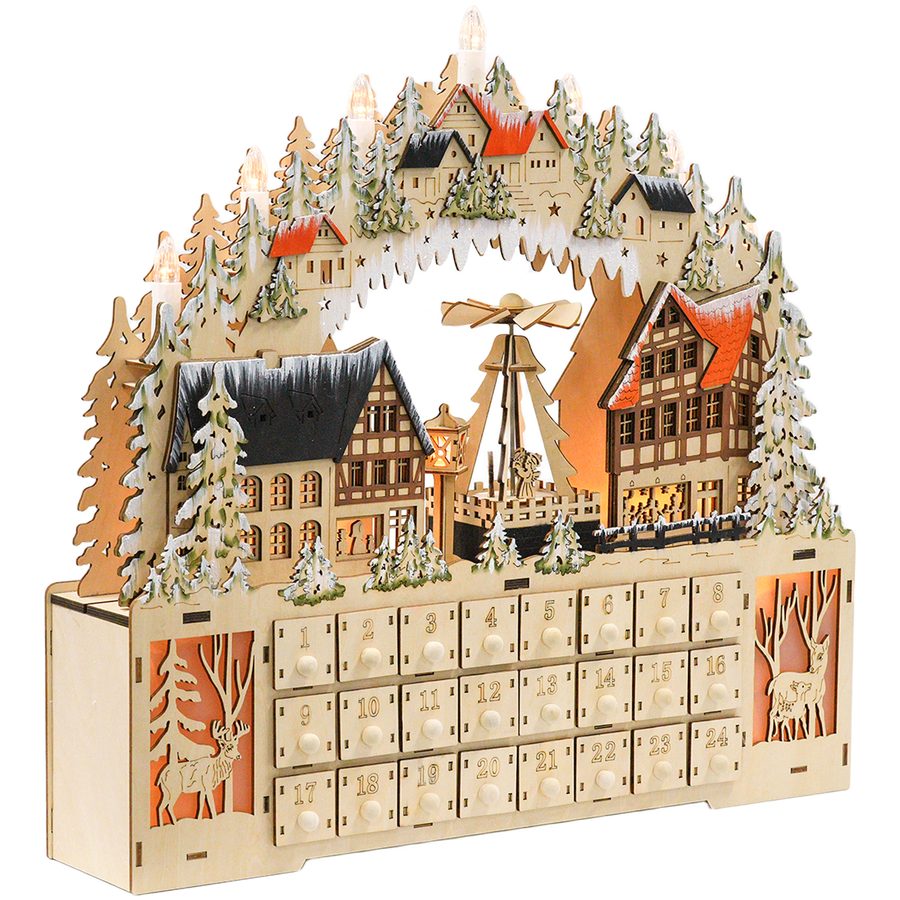 HOMCOM Adventskalender zum Befüllen 24 Schubladen Fächer Weihnachtskalender mit LED-Lichtern Adventskalenderbox Weihnachtsdekoration DIY MDF Naturholz 45 x 9 x 42,5 cm   Aosom von HOMCOM