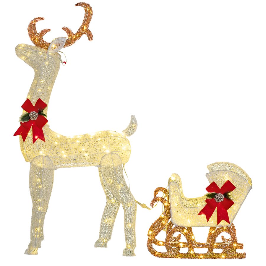 Outsunny LED Rentier und Schlitten Weihnachtsdeko mit 170 Lichtern, Weihnachtsbeleuchtung Hirsch Deko für Indoor, Outdoor, Weiß   Aosom von Outsunny