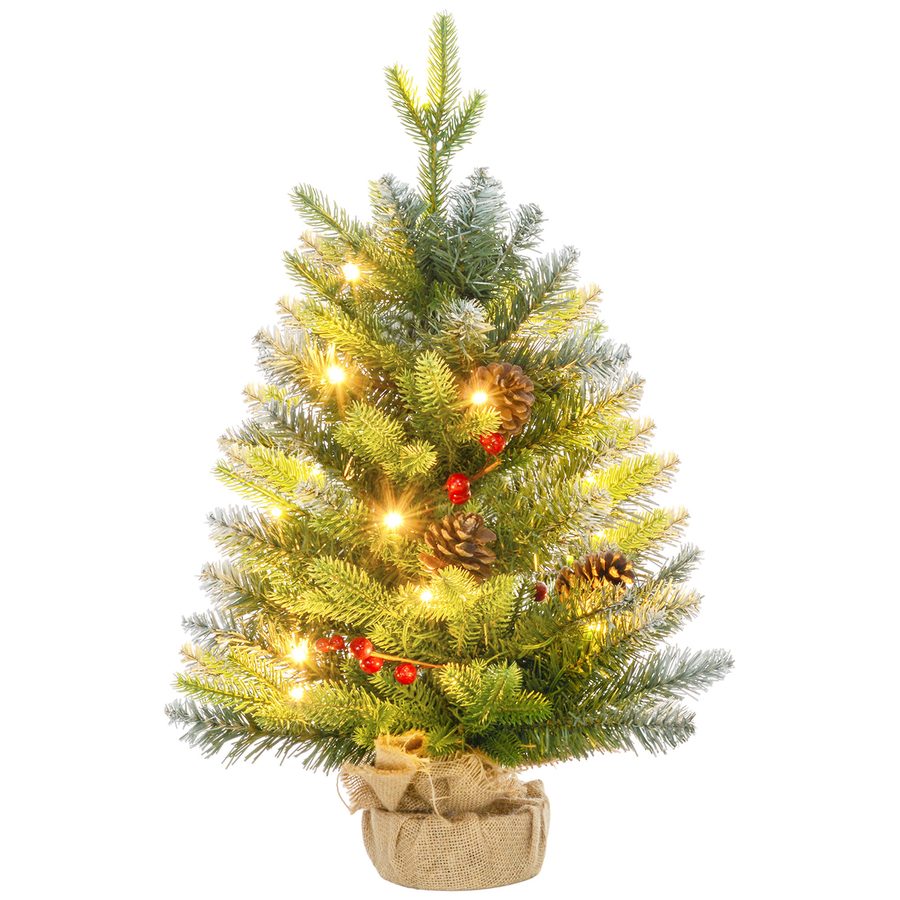 HOMCOM Mini-Weihnachtsbaum mit integrierter Beleuchtung, 60 cm, kleiner Weihnachtsbaum mit 141 Zweigen, Zapfen, rote Beeren, Zementfuß, Weihnachtsdekoration, für Zuhause, Innen, Grün   Aosom von HOMCOM