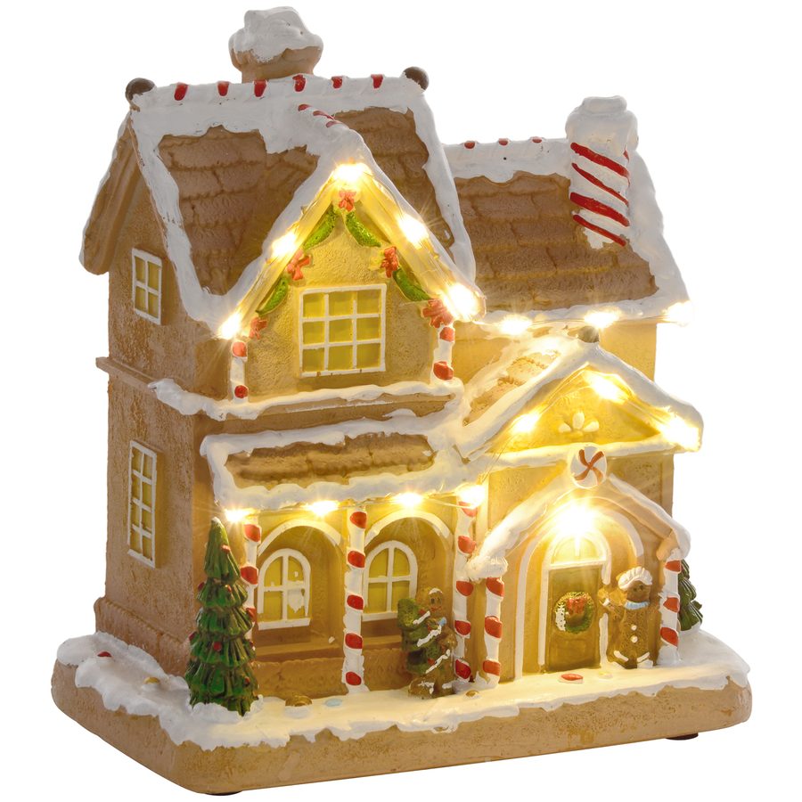 HOMCOM Weihnachtsdorf Lebkuchenhaus mit LED-Lichtern und Musik, Weihnachtshaus Winterlandschaft mit Lebkuchenmann, für Weihnachten, Braun   Aosom von HOMCOM
