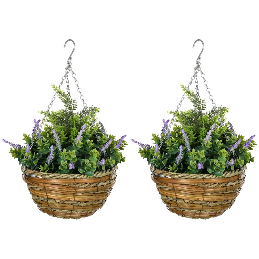 Outsunny Set 2 Künstliche Lavendelpflanze mit Korb und Haken, Kunstpflanzen aus PE und Weide, Ø25x34 cm, Grün und Violett   Aosom von Outsunny