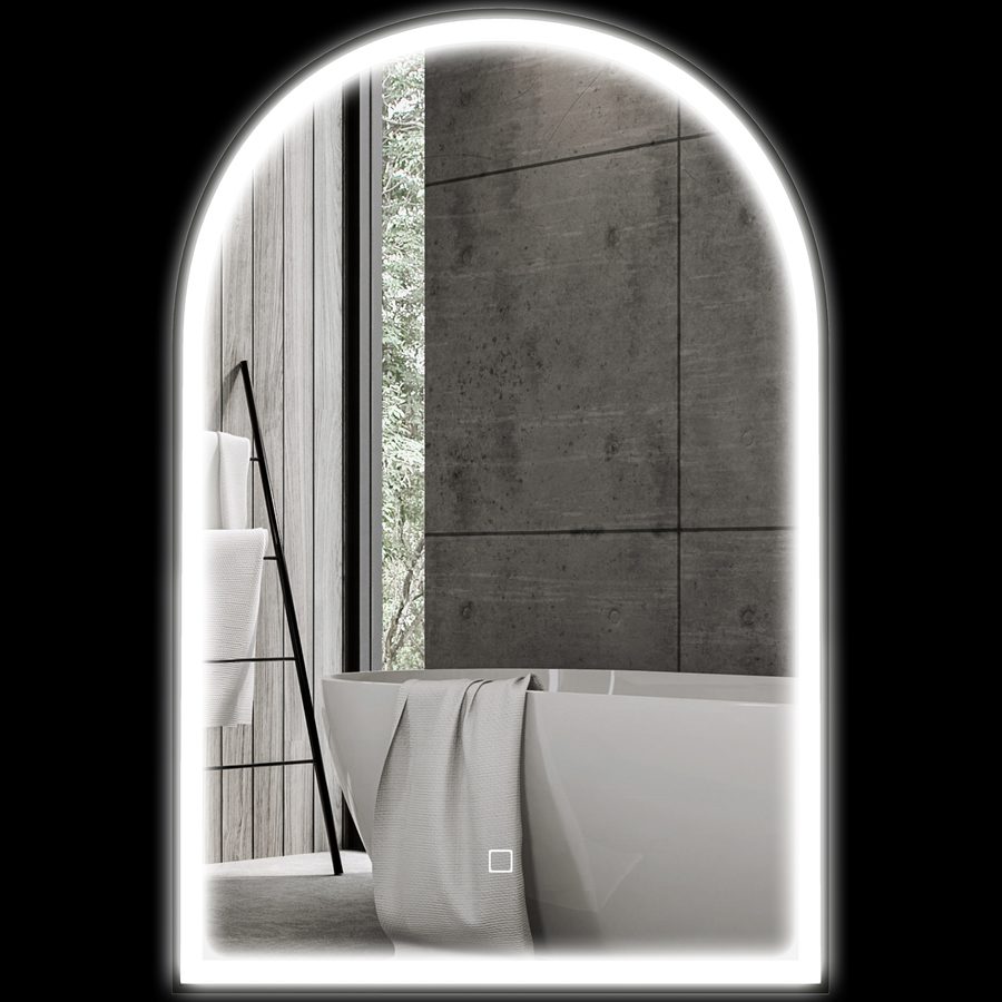 HOMCOM Badezimmerspiegel 90 x 60 cm, Bogen-Wandspiegel, Badezimmerspiegel mit LED-Beleuchtung, 3 einstellbare Lichtfarben, Antibeschlag, Speicher, Touchschalter, Aluminiumrahmen - Schwarz   Aosom von HOMCOM