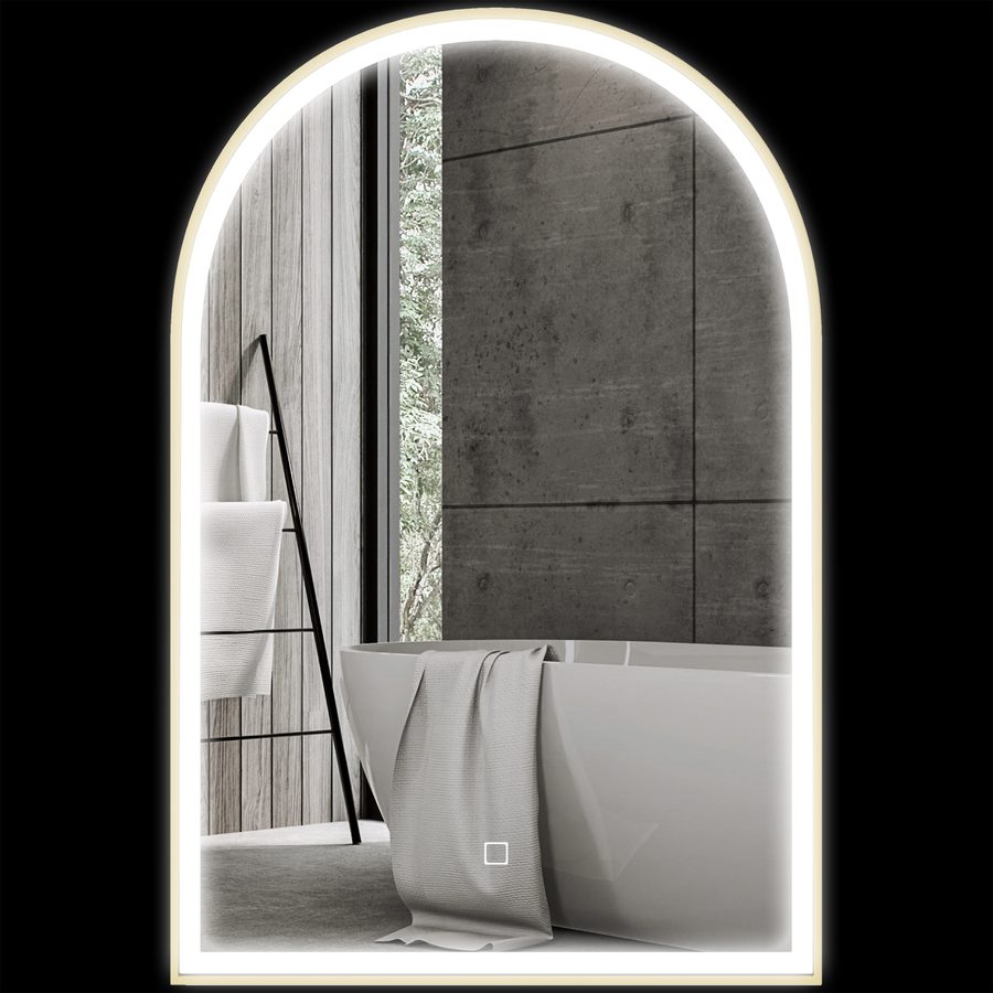 HOMCOM Badezimmerspiegel 90 x 60 cm, gewölbter Wandspiegel, Badezimmerspiegel mit LED-Beleuchtung, 3 einstellbare Lichtfarben, Anti-Beschlag, Speicher, Touchschalter, Aluminiumrahmen - Gold   Aosom von HOMCOM