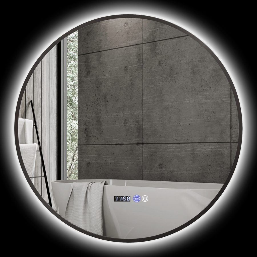 HOMCOM LED-Badezimmerspiegel Ø 70 cm, runder LED-Wandspiegel, stufenlos einstellbar, Antibeschlagfunktion, Touch-Schalter, Uhr- und Temperaturanzeige, schwarz   Aosom von HOMCOM