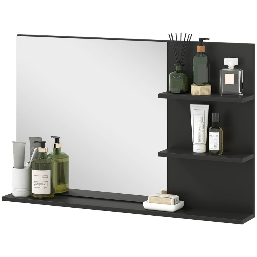 kleankin Badezimmerspiegel Modern mit 2 Seitlichen Regalen und Unterem Regal, Wandspiegel aus MDF und Glas, 75x10x48 cm, Schwarz   Aosom von Kleankin
