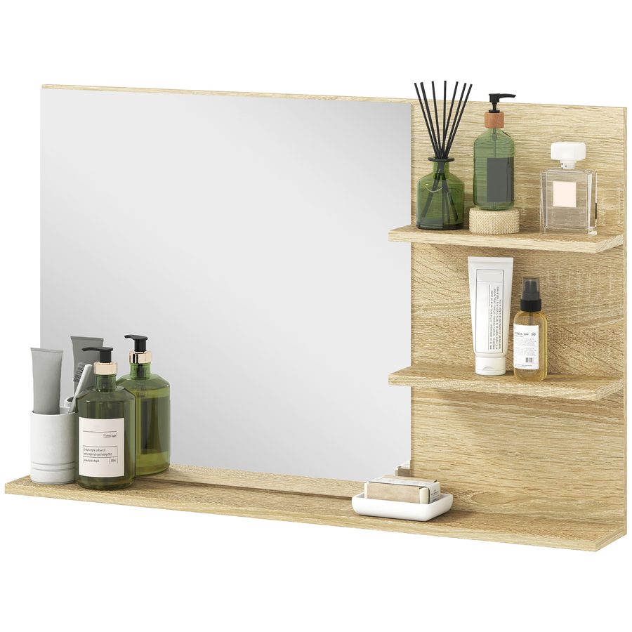 kleankin Badezimmerspiegel Modern mit 2 Seitlichen Regalen und Unterem Regal, Wandspiegel aus MDF und Glas, 75x10x48 cm, Holzfarbe   Aosom von Kleankin