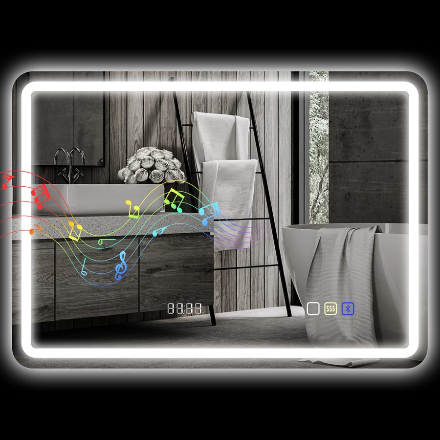 HOMCOM Badezimmerspiegel mit LED-Licht 70x50 cm Wandspiegel mit Bluetooth 3 Lichtfarben Digitale Uhr Beschlageschutz Speicherfunktion Berührungsschalter IP44   Aosom von HOMCOM