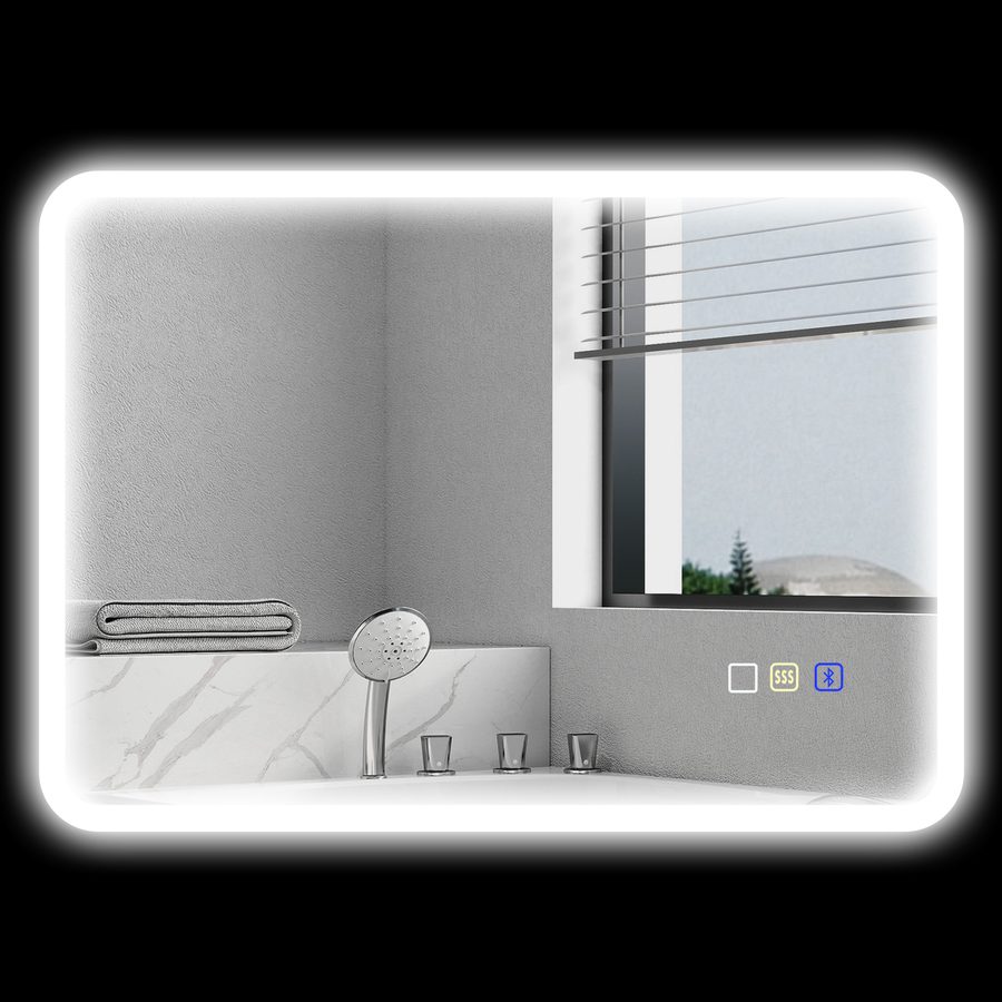 HOMCOM Badezimmerspiegel mit Bluetooth 50 x 70 cm, beleuchteter LED-Badezimmerspiegel mit Touch-Schalter, einstellbares Licht in 3 Farben, Anti-Beschlag, Speicher - Silber   Aosom von HOMCOM