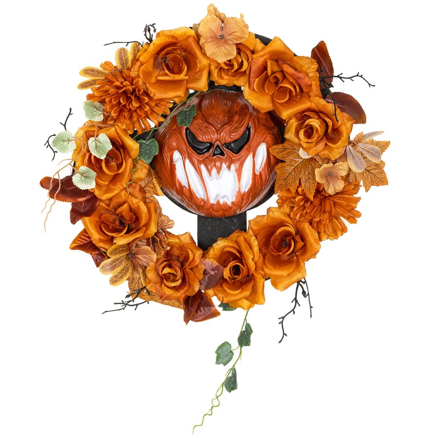 Outsunny Halloween Dekoration Hängender Kürbis-Kranz mit 44 LEDs mit Flammeneffekt, Haustür Deko mit gruseligem Kürbisgesicht und Blüten, Gartendeko für Party   Aosom von Outsunny