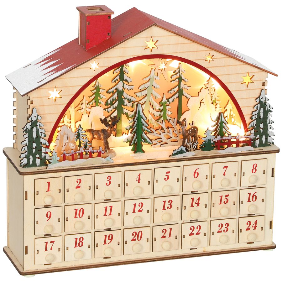 HOMCOM Adventskalender zum Befüllen 24 Schubladen Fächer Weihnachtskalender mit LED-Lichtern Weihnachtsdekoration Adventskalenderbox DIY Naturholz 36 x 10 x 34 cm   Aosom von HOMCOM