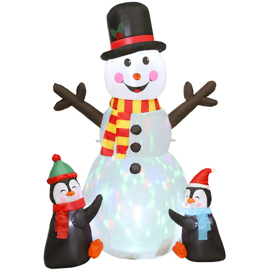 Outsunny Aufblasbarer Schneemann mit Pinguinen, 180 cm, mit LED-Lichtern und Blinklicht-Projektor, Befestigungsmaterial und Gebläse, Weihnachtsdekoration für Innen und Außen   Aosom von Outsunny