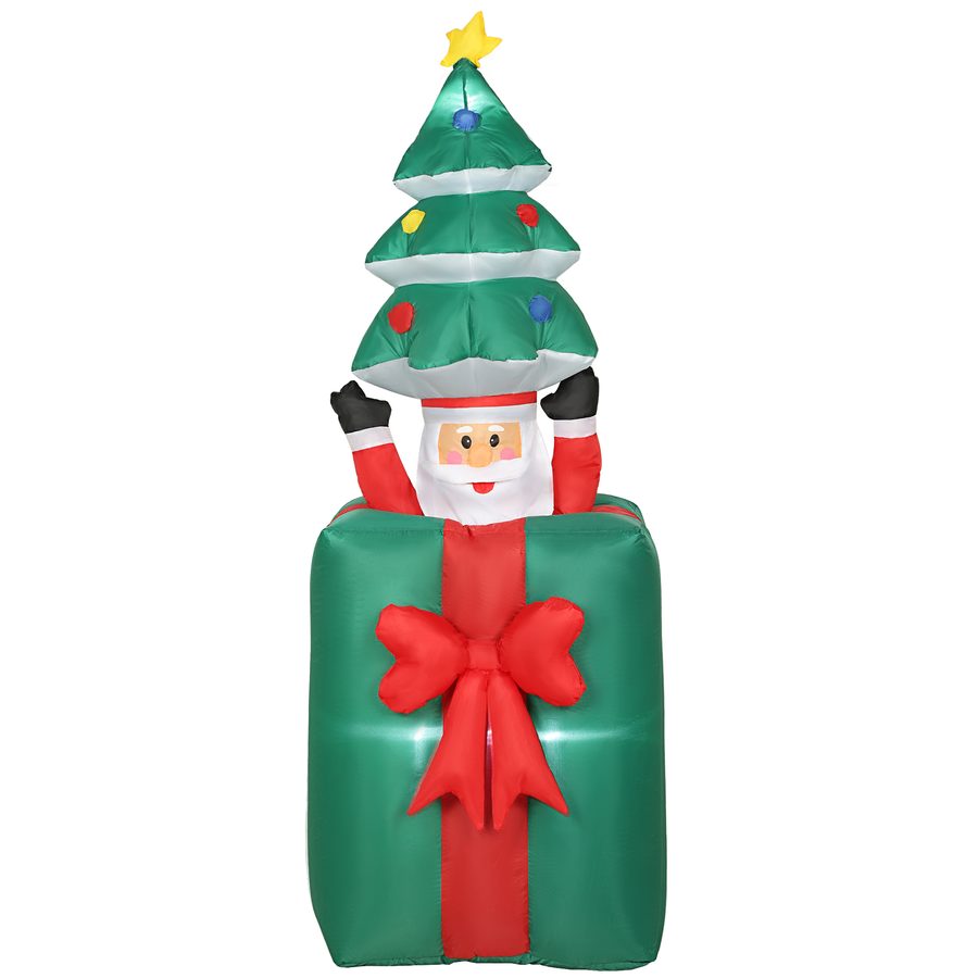 Outsunny 160-213 cm Aufblasbarer Weihnachtsdekoration Beweglicher Weihnachtsmann aus Geschenkbox mit Weihnachtsbaum Weihnachtsdeko mit eingebauten LED-Lichtern für Rasen, Hof und Garten   Aosom von Outsunny