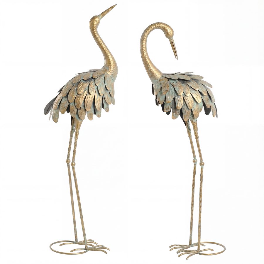 Outsunny 2er-Set Gartenskulpturen, Metall-Reiherskulptur, Vogelskulpturen 91/95cm, für Hof, Teich, Terrasse, gold/blau   Aosom von Outsunny