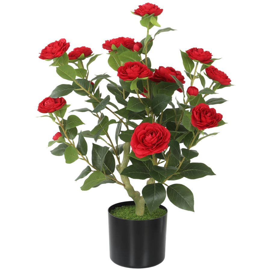 HOMCOM Künstliche Kamelie 65 cm, Kunstbaum im Topf mit realistischen Seidenblüten, 116 Blätter und Moos-Effekt, Dekopflanze für Innen und Außen, Ø15x65 cm, Rot   Aosom von HOMCOM