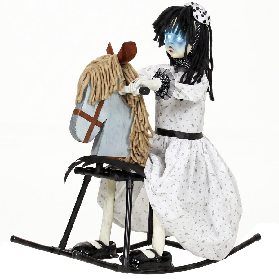 HOMCOM Animiertes Halloween-Mädchen auf Schaukelpferd, 72 cm, mit Leuchtenden Augen, Gruseligen Reimen, Sound-/Touch-Aktivierung, für Innenräume und geschützten Außenbereich   Aosom von HOMCOM