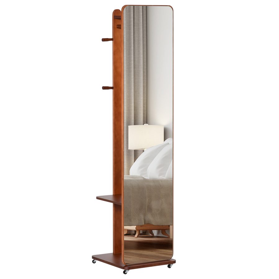 HOMCOM Standspiegel mit Rollen - Kleiderstange, 4 Haken, Regal MDF Nussbaumoptik   Aosom von HOMCOM