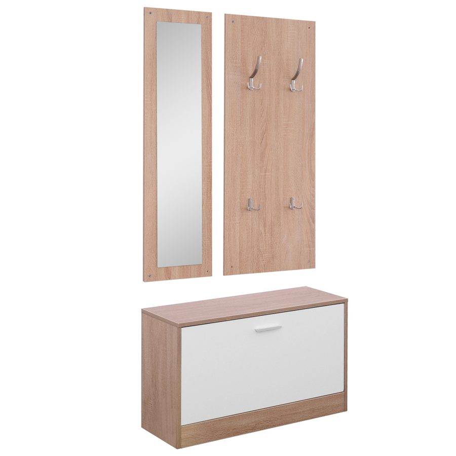 HOMCOM 3-teiliges Garderoben-Set Flurgaderobe mit Schuhschrank Garderobe Wandspiegel 4 Haken Natur 30 x 100 cm (Spiegel)   Aosom von HOMCOM