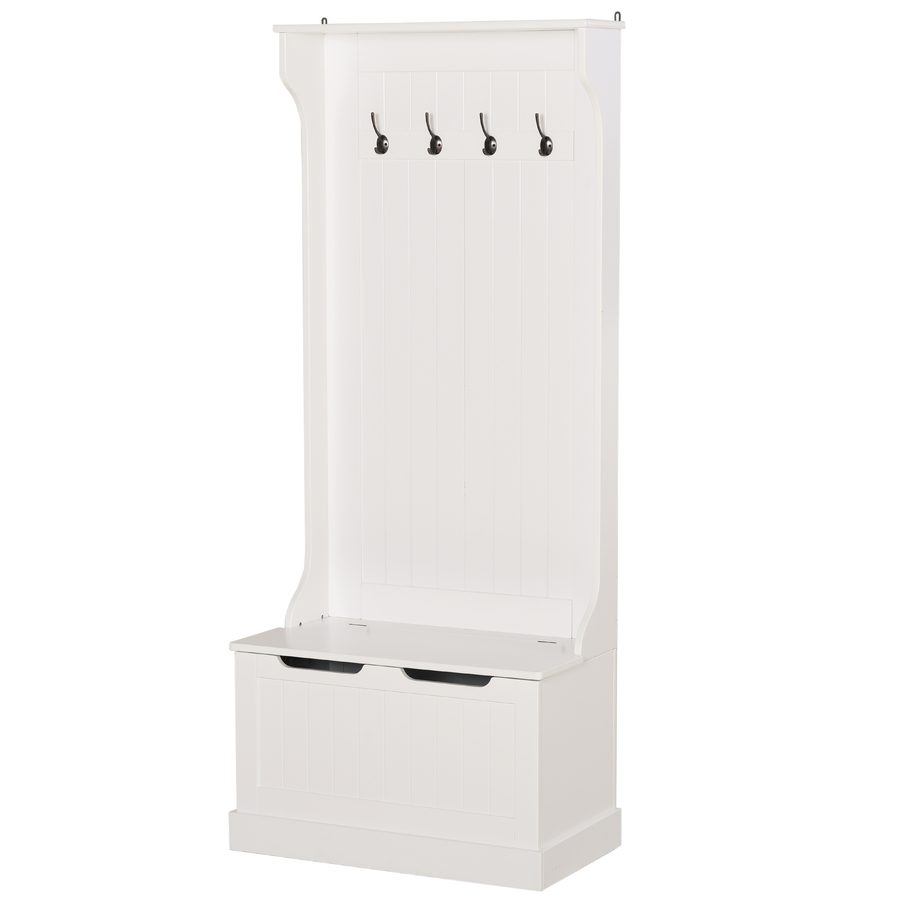 HOMCOM Bodengarderobenständer Modern 3 in 1 mit 4 Haken, Aufbewahrungsbank und Garderobenständer, Platzsparendes Möbel für Flur, Korridor, Schlafzimmer aus Holz, 71,5x39,5x170 cm, Weiß   Aosom von HOMCOM