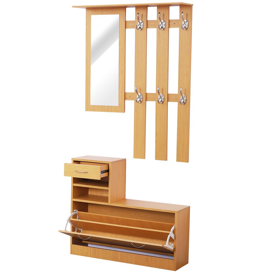HOMCOM Set Moderner Eingangsmöbel mit Schuhregal und Spiegel, Garderobenständer mit 6 Haken, 2 Verstellbaren Regalen und Schubladen aus Holz für Flur, 90x24x177 cm, Nussbaum   Aosom von HOMCOM