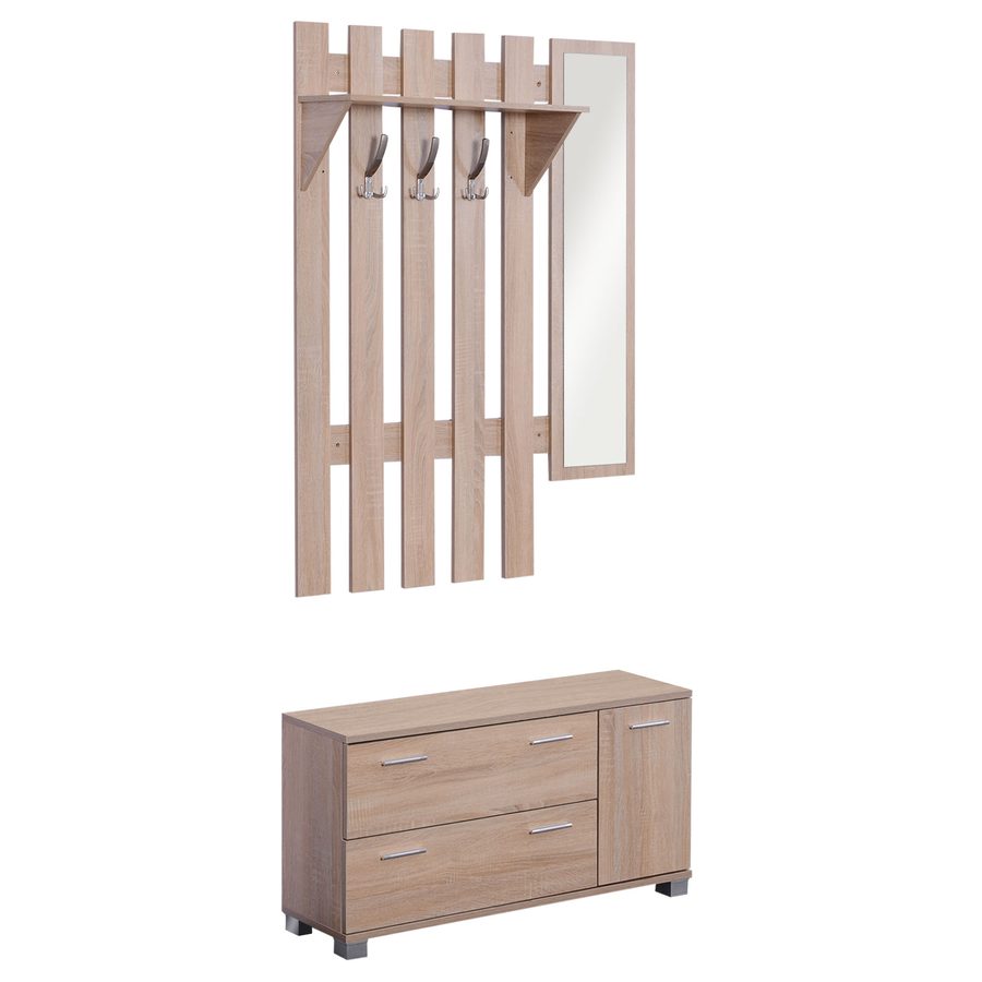 HOMCOM Set Garderobenmöbel 3 in 1 mit Spiegel und Schuhschrank für den Eingangsbereich Spanplatte 90 x 21,5 x 116 cm Eiche   Aosom von HOMCOM