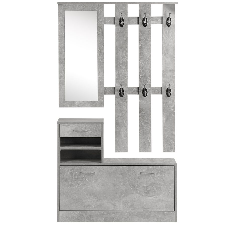 HOMCOM 3-in-1 Eingangsmöbel-Set Garderobe mit Garderobenpaneel, Spiegel und Schuhschrank - 6 Haken und verstellbares Regal, Betoneffekt Grau   Aosom von HOMCOM