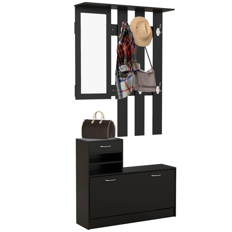HOMCOM 3-in-1 Eingangsmöbel-Set Garderobe mit Mantelhaken, Spiegel und Schuhschrank - 6 Haken und verstellbares Regal, schwarz   Aosom von HOMCOM