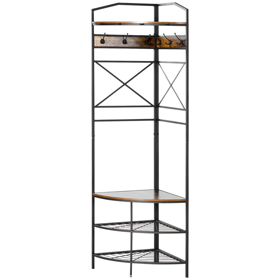 HOMCOM Bodenständer für Kleidung mit Haken, Eingangsmöbel Eck-Kleiderständer mit Bank und Schuhregal, Regal im industriellen Stil, 50x50x183cm, Braun   Aosom von HOMCOM