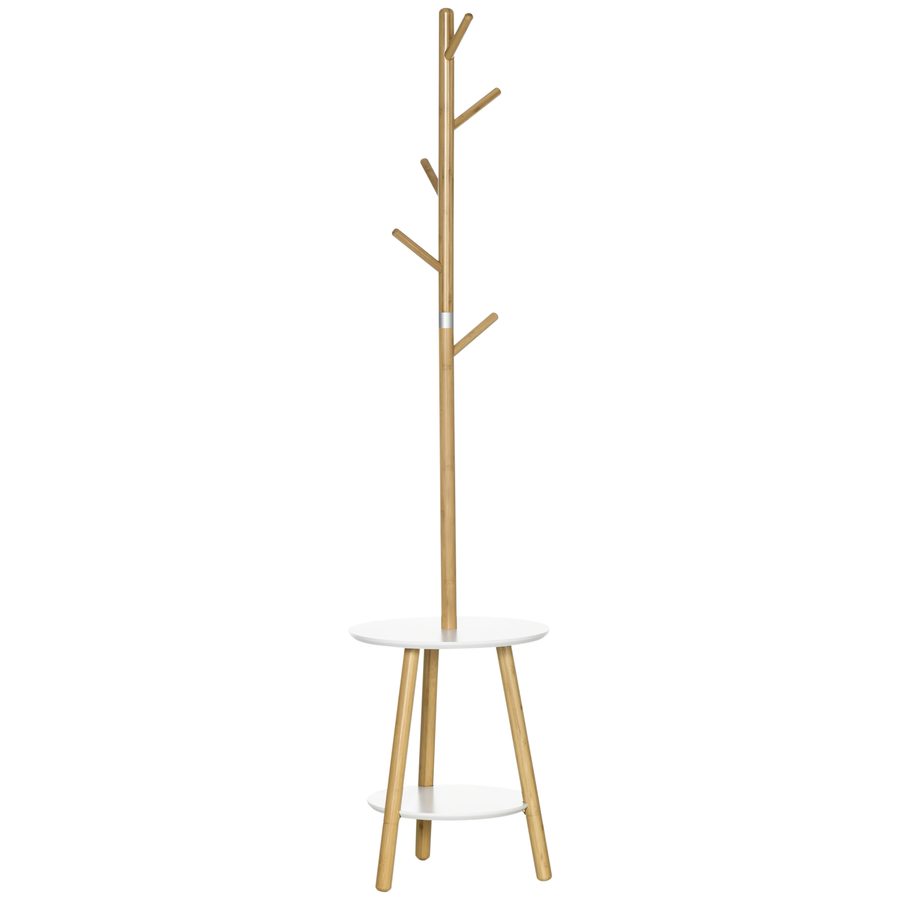 HOMCOM Garderobenständer  Kleiderständer mit 5 Kleiderhaken & Beistelltisch, 171 cm Hoch, Natur+Weiß  Aosom von HOMCOM