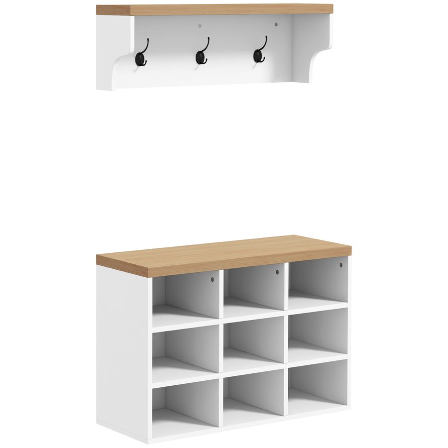 HOMCOM 2-in-1 Flurmöbel-Set, Wandgarderobe mit Schuhbank, Garderobe, mit 3 Haken und 9 Fächern, für Wohnzimmer, Schlafzimmer, Eingangsbereich, Weiß und Eiche   Aosom von HOMCOM
