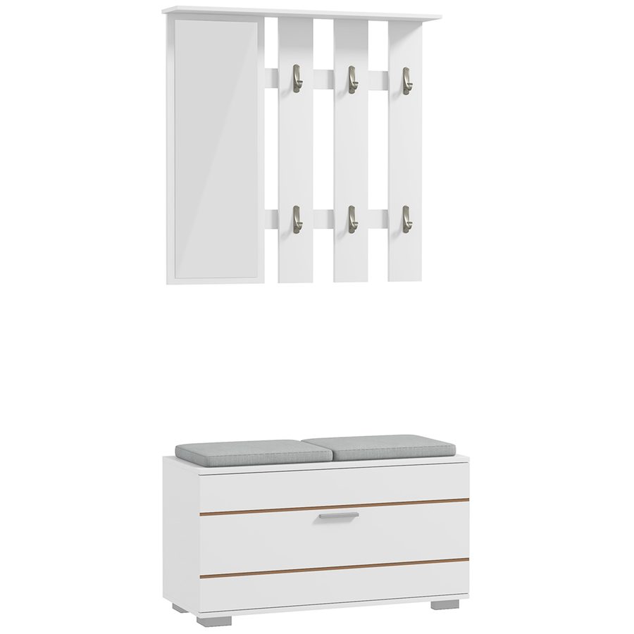 HOMCOM Set 4 in 1 Möbel für den Eingangsbereich mit Garderobe, Spiegel, Bank mit Kissen und Schuhschrank für 8 Paar Schuhe, Weiß   Aosom von HOMCOM