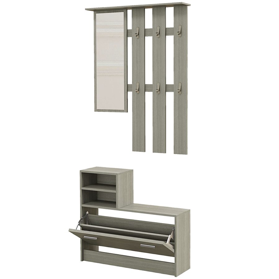 HOMCOM Set 4 in 1 Möbelset für den Eingangsbereich mit Garderobe, Spiegel, Bank mit Regal und Schuhablage für 8 Paar Schuhe, Grau   Aosom von HOMCOM
