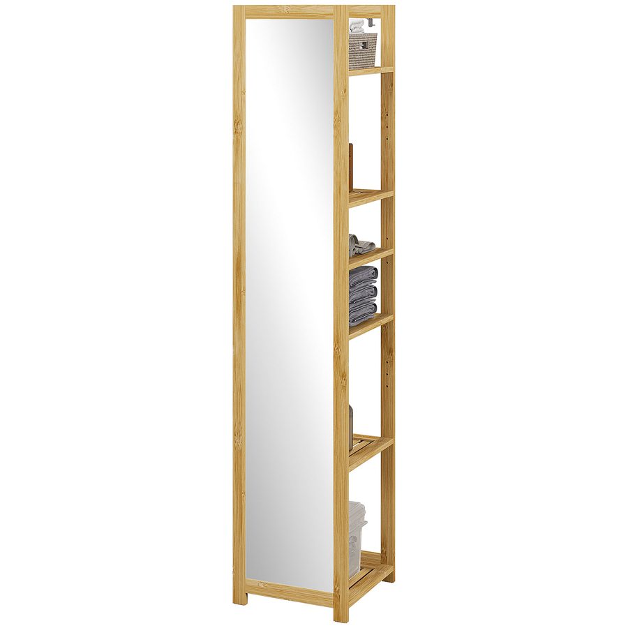 HOMCOM Badezimmer Hochschrank mit Spiegelregal mit 6 Regalen aus Naturbambus, 35B x 35T x 168H cm   Aosom von HOMCOM