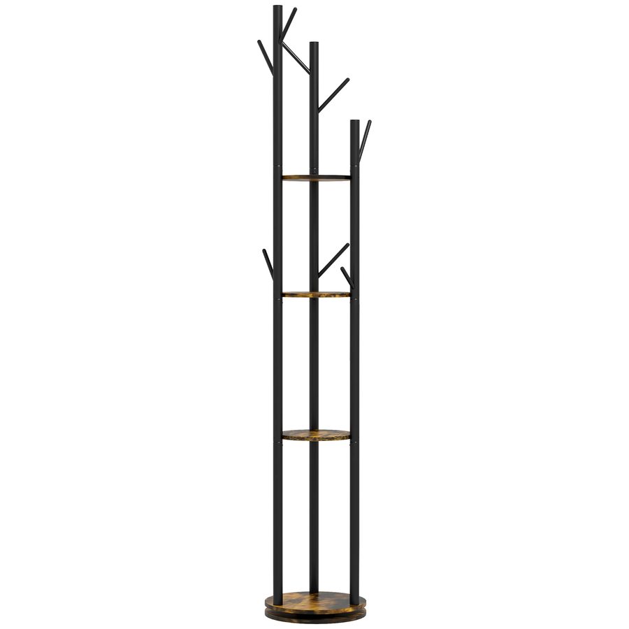 HOMCOM Drehbarer Bodenständer mit 8 Haken und 4 Regalen, Industriestil für Eingang und Zimmer, Ø30x175cm, Marrone   Aosom von HOMCOM